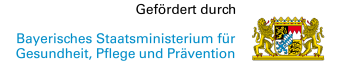 Gefördert-durch-Logo des Bayerischen Staatsministeriums für Gesundheit, Pflege und Prävention als Schriftzug und Bayerisches Wappen
